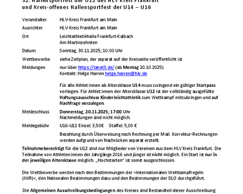 UPDATE (23.11.) - 32. Kreis-Hallensportfest am 30.11.2025 U12-U16