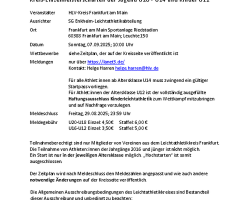 Ausschreibung Kreis-Einzelmeisterschaften der Jugend U20 - U14 und Kinder U12 am 7.9.2025